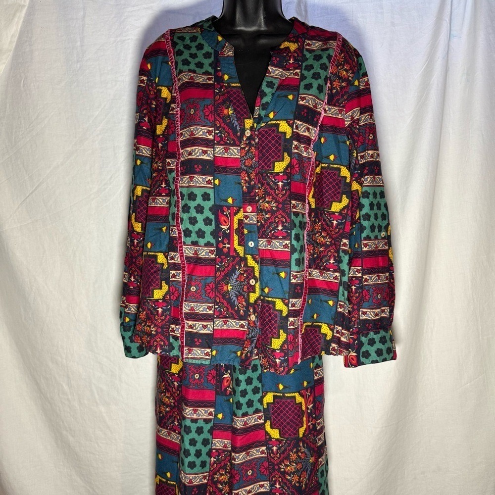 Anthropologie Patchwork Button Up Blouse & Pants Set, Size Large